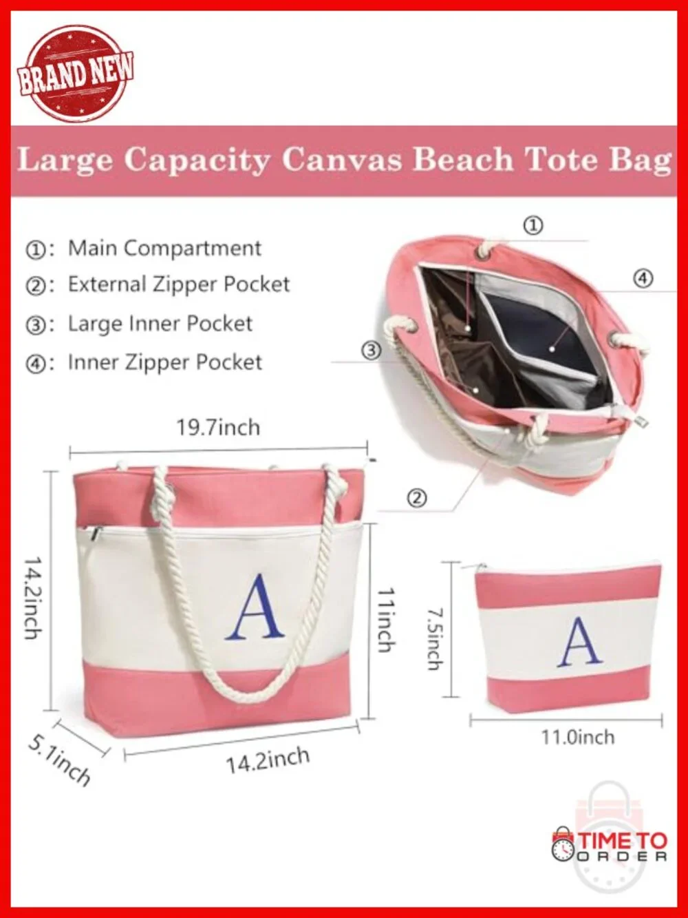 Large Waterproof Canvas Beach Tote with Zipper Closure